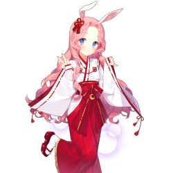 1girl animal_ears blue_eyes closed_mouth japanese_clothes kaguya_fullmoon long_hair miko pink_hair rabbit_ears salt_(salty) sandals tabi uchi_no_hime-sama_ga_ichiban_kawaii v wavy_hair zouri