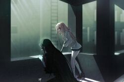 Rule 34 | 1boy, 1girl, bbabbamis2, black hair, black kimono, commentary request, crowbar, heroine (homicipher), highres, holding, holding crowbar, homicipher, indoors, japanese clothes, kimono, korean commentary, long hair, looking at another, mr. crawling, pink hair, raincoat, red eyes, skirt, very long hair