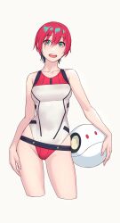 1girl :d adapted_costume alternate_costume amate_yuzuriha aqua_eyes ball beachball breasts commentary_request competition_swimsuit cropped_legs gundam gundam_gquuuuuux haro highres holding holding_ball holding_beachball looking_at_viewer medium_breasts one-piece_swimsuit open_mouth red_hair short_hair simple_background smile swimsuit teeth thighs upper_teeth_only white_background yuuji_(and)
