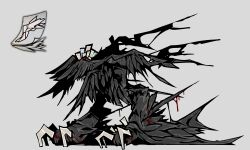 1boy absurdres black_feathers blood distortion_(project_moon) feathered_wings feathers glass_shards grey_background highres limbus_company mirror project_moon simple_background solo teko1193 wings yi_sang_(project_moon)
