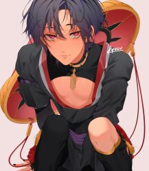 1boy absurdres artist_name black_hair black_nails closed_mouth fingerless_gloves genshin_impact gloves highres japanese_clothes knees_up kynlv light_smile long_sleeves looking_at_viewer male_focus nail_polish purple_eyes scaramouche_(genshin_impact) short_hair simple_background sitting solo white_background