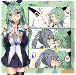1boy 2girls ^^^ admiral_(kancolle) anger_vein black_bow black_legwear black_serafuku blush bow brown_eyes closed_eyes comic commentary criss-cross_halter detached_sleeves english_commentary food green_eyes green_hair hair_between_eyes hair_bow hair_ornament hair_ribbon hairclip halterneck heart highres kantai_collection kasumi_(kancolle) long_hair looking_at_viewer military military_uniform multiple_girls open_mouth own_hands_together parted_bangs pocky pocky_kiss ribbon sailor_collar school_uniform serafuku shared_food sheita shirt short_hair side_ponytail sidelocks silent_comic silver_hair sleeveless sleeveless_shirt sweatdrop thighhighs white_ribbon wide_sleeves yamakaze_(kancolle) zettai_ryouiki