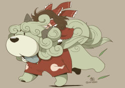 Rule 34 | 1girl, animal, bow, brown hair, clothed animal, commentary request, dog, frilled hair tubes, frilled skirt, frills, full body, grey background, grey horns, hair bow, hair tubes, hakurei reimu, horns, komano aunn, komano aunn (komainu), medium hair, onikobe rin, open mouth, red bow, red shirt, red skirt, riding, running, shirt, simple background, skirt, solo, touhou