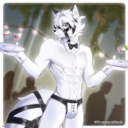 1boy abs animal_ears bow bowtie claws colored_tips commentary detached_collar diffraction_spikes english_commentary furry furry_male glass highres light male_focus male_underwear meme multicolored_hair muzzle_(mask) pectorals profile prussiacaslavik red_eyes sweatdrop tail tail_belt toned toned_male topless_male tray twitter_username underwear von_lycaon wolf_boy wolf_ears wolf_tail wrist_cuffs yaoi zenless_zone_zero