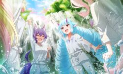 Rule 34 | 4girls, :d, ^ ^, animal ear fluff, animal ears, arm up, artist request, blue hair, blue sky, blunt bangs, bracelet, clenched hand, closed eyes, cloud, cowboy shot, day, delmin (show by rock!!), demon tail, dougi, drill hair, fang, flower, from below, hair flower, hair ornament, happy, horns, howan (show by rock!!), jewelry, karate gi, light rays, long hair, low ponytail, mashima himeko (show by rock!!), multiple girls, official art, open mouth, out of frame, outdoors, outstretched arm, ponytail, purple hair, purple horns, red eyes, ruhuyu (show by rock!!), show by rock!!, sky, smile, sparkle, standing, sunbeam, sunlight, tail, third-party source, tree, twin drills, uniform, water, water drop, waterfall, wolf ears, wolf girl, wolf tail