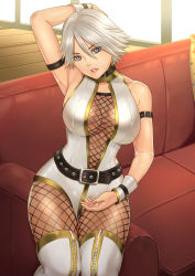 1girl armpits bare_shoulders belt blue_eyes breasts christie_(doa) cleavage dead_or_alive highres large_breasts looking_at_viewer seed01010 short_hair sitting sleeveless tecmo thighs white_hair