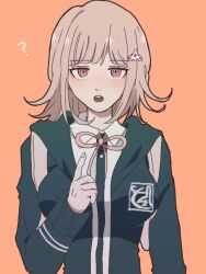 1girl :o ? blush breasts collared_shirt danganronpa_(series) danganronpa_2:_goodbye_despair hand_up index_finger_raised jacket large_breasts mm_(user_xftm3337) nanami_chiaki neck_ribbon necktie open_clothes open_jacket pink_eyes pink_necktie red_background ribbon shirt simple_background solo spaceship_hair_ornament two-tone_shirt white_shirt