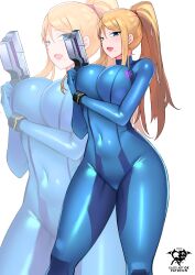 Rule 34 | 1girl, absurdres, artist logo, artist name, blonde hair, blue bodysuit, blue eyes, bodysuit, breasts, gun, handgun, highres, holding, holding gun, holding weapon, impossible bodysuit, impossible clothes, kaos art, large breasts, logo, long hair, looking at viewer, metroid, mole, mole under mouth, nintendo, paralyzer, patreon username, ponytail, samus aran, skin tight, solo, standing, super smash bros., weapon, zero suit