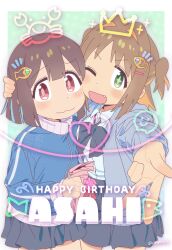 2girls ;d alternate_costume artist_name black_bow black_bowtie black_skirt blue_hair blunt_bangs blush bow bowtie brown_eyes brown_hair character_name colored_inner_hair commentary double-parted_bangs drawn_crown fish_hair_ornament green_background green_eyes gyaru_w hair_intakes hair_ornament hairclip hand_on_another&#039;s_head happy_birthday heart highres hozuki_momiji long_sleeves looking_at_viewer matado_(almukha) miniskirt multicolored_hair multiple_girls oka_asahi one_eye_closed onii-chan_wa_oshimai! open_mouth orange_hair purikura short_hair simple_background skirt smile star-shaped_pupils star_(symbol) symbol-shaped_pupils twitter_username two-tone_hair two_side_up w wavy_mouth