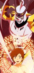 1boy armor armpits bare_shoulders biomerge brown_eyes brown_hair cape child collarbone completely_nude digimon digimon_tamers dukemon energy epic facing_viewer fighting_pose floating_hair height_difference highres looking_at_viewer male_focus matrix_evolution matsuda_takato neck nude open_mouth polearm short_hair spear unworn_clothes upper_body weapon yellow_eyes