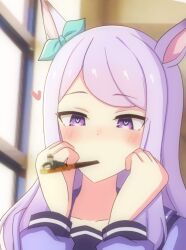 Rule 34 | 1boy, 1girl, animal ears, bow, censored, censored identity, collarbone, ear bow, felleo105, food, food in mouth, hashtag-only commentary, heart, heart-shaped pupils, horse ears, horse girl, indoors, long hair, mejiro mcqueen (umamusume), mini person, miniboy, mouth hold, pocky, pocky day, purple eyes, purple hair, purple serafuku, purple shirt, sailor collar, sailor shirt, school uniform, serafuku, shirt, size difference, symbol-shaped pupils, tracen school uniform, trainer (umamusume), umamusume, upper body