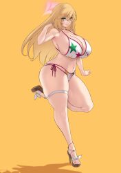 1girl alternate_breast_size alternate_costume aster_crowley bare_shoulders bikini blonde_hair blue_archive blush breasts brown_eyes cleavage collarbone full_body halo high_heels highres huge_breasts long_hair looking_at_viewer navel official_alternate_costume print_bikini shokuhou_misaki shokuhou_misaki_(desired_swimsuit) sideboob smile solo sparkling_eyes star_(symbol) star_print swimsuit symbol-shaped_pupils thick_thighs thigh_strap thighs toaru_kagaku_no_railgun toaru_majutsu_no_index toaru_majutsu_no_index:_imaginary_fest white_bikini yellow_background