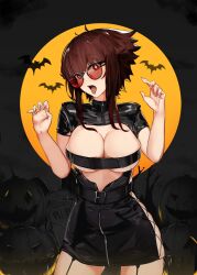 1girl bat_(animal) belt belt_bra black_belt black_dress breasts brown_hair buckle claw_pose cleavage contrapposto cowboy_shot dress glasses halloween halloween_costume hands_up highres jack-o&#039;-lantern large_breasts liz_(nin_fake) looking_at_viewer looking_over_eyewear nin_fake open_mouth original pumpkin red-tinted_eyewear red_eyes short_hair short_hair_with_long_locks short_sleeves sidelocks solo sunglasses teeth tinted_eyewear tongue tongue_out