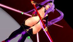 1girl 3d artist_request ass breasts curvy female_focus holding holding_weapon huge_ass huge_breasts long_hair long_twintails looking_at_viewer looking_back monkey_tail purple_hair queen&#039;s_blade queen&#039;s_blade_grimoire revealing_clothes seiten_(queen&#039;s_blade) shiny_skin smile solo tail tattoo thong tiara tongue tongue_out twintails very_long_hair weapon