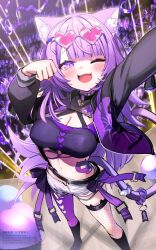 1girl ;3 ;d ahoge animal_ear_legwear animal_ears asymmetrical_legwear bandaid_on_hip black_boots black_jacket blunt_bangs boots breasts cat_ear_legwear cat_ears cat_girl cat_tail cleavage clothing_cutout commentary_request concert confetti criss-cross_halter crowd eyewear_on_head fishnet_thighhighs fishnets hair_ornament hairclip halterneck hand_up heart heart-shaped_eyewear heart_cutout heart_pendant highres hololive jacket kito_koruta large_breasts long_hair looking_at_viewer navel nekomata_okayu nekomata_okayu_(personya_respect) o-ring_collar official_alternate_costume official_alternate_hair_length official_alternate_hairstyle one_eye_closed open_clothes open_fly open_jacket open_mouth outstretched_arm pantyhose paw_pose pendant_collar pink-tinted_eyewear purple_eyes purple_hair purple_jacket purple_pantyhose see-through_shrug selfie short_shorts shorts single_leg_pantyhose single_thighhigh smile solo tail thighhighs tinted_eyewear torn_clothes torn_shorts uneven_legwear very_long_hair virtual_youtuber white_shorts