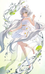 1girl absurdres air_bubble ankle_socks back_bow backlighting bare_arms bare_legs bare_shoulders bow breasts bubble choker closed_mouth commentary_request dress dress_flower flower frilled_choker frilled_dress frills full_body gold_anklet gold_necklace green_eyes grey_hair hair_bow hand_up highres jewelry knees_together_feet_apart lily_(flower) lily_pad long_hair looking_at_viewer low_twintails luo_tianyi morimori_(14292311) necklace ribbon_hair see-through_bow short_dress single_bare_foot small_breasts smile socks solo standing standing_on_one_leg strapless strapless_dress toeless_legwear toeless_socks toes twintails very_long_hair vocaloid vsinger_(vocaloid) water white_bow white_choker white_dress white_flower white_socks