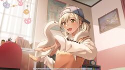 1girl albino amusement_park animal azusawa_kohane baseball_cap blonde_hair book bookshelf brown_eyes calendar_(object) chair clock commentary copyright_name count_pearl_(project_sekai) curtains desk english_commentary hair_between_eyes hat highres holding holding_animal kadeart looking_at_animal official_art open_mouth orange_sweater_vest picture_frame project_sekai red_eyes reverse_outfit second-party_source sega sidelocks slice_of_life smile snake snake_on_shoulder snake_wrapped_around_neck solo sweater sweater_vest twintails upper_body white_snake white_sweater