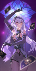 1girl arm_up black_gloves black_shorts black_swan_(honkai:_star_rail) commentary_request cowboy_shot detached_sleeves dress floating_card gloves highres honkai:_star_rail honkai_(series) looking_up purple_dress purple_hair purple_sleeves purple_veil senbonsang shorts smile solo veil yellow_eyes