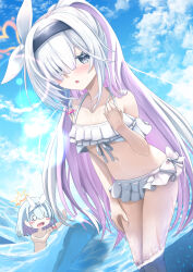Rule 34 | 2girls, alternate costume, alternate hairstyle, arona (blue archive), bikini, black hairband, blank eyes, blue archive, blue hair, blush, colored inner hair, grey eyes, grey hair, hair over one eye, hair ribbon, hairband, highres, long hair, multicolored hair, multiple girls, nude, ocean, open mouth, partially submerged, pink hair, plana (blue archive), ponytail, ribbon, short hair, sidelocks, swimsuit, tears, totororo, two-tone hair, white bikini, white hairband, white ribbon