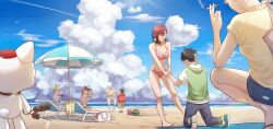 3boys 5girls absurdres alien antennae ayase_momo ayase_seiko bare_arms bare_shoulders barefoot beach beach_chair beach_umbrella bikini black_hair blonde_hair blue_sky blush brown_hair cat cigarette closed_eyes cloud cloudy_sky collarbone commentary_request dandadan drink drinking drinking_straw earrings eating enjoji_jin eyewear_on_head facing_another food fruit full_body glasses grandmother_and_granddaughter green_hoodie halterneck heart heart-shaped_cloud highres holding holding_cigarette holding_food holding_hands holding_removed_eyewear hood hood_down hoodie horizon jewelry kneeling looking_at_another lying maneki-neko multiple_boys multiple_girls ocean on_back open_mouth outdoors pink_bikini pink_hair red_hoodie sakata_kinta sand sand_sculpture shiratori_aira_(dandadan) shirt short_hair shorts sitting sky smile squatting standing stomach summer sunglasses swimsuit takakura_ken_(dandadan) turbo_granny_(dandadan) umbrella umeoka_piyo unworn_eyewear vamola_(dandadan) watermelon