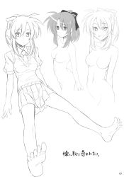 00s 1girl asura_cryin&#039; barefoot breasts reference_sheet feet female_focus foreshortening greyscale highres himura_kiseki minakami_misao monochrome nude ponytail school_uniform skirt smile soles solo toes white_background