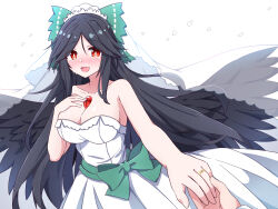 1girl 1other alternate_costume bird_wings black_hair black_wings blush bow breasts bridal_veil bride cleavage collarbone commentary_request commission dress feathered_wings green_bow hair_bow happy_tears highres hiro_(pqtks113) holding_hands jewelry long_hair looking_at_viewer open_mouth red_eyes reiuji_utsuho ring skeb_commission smile strapless strapless_dress tears third_eye third_eye_on_chest touhou veil very_long_hair wedding_dress white_dress wing wings