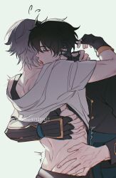 2boys ahoge artist_name back bite_mark black_gloves black_hair black_shirt blush caelus_(honkai:_star_rail) clothes_lift commentary_request dan_heng_(honkai:_star_rail) dan_heng_(hunt)_(honkai:_star_rail) earrings eyeliner facing_away fingerless_gloves from_behind gaber473159611 gloves green_eyes grey_hair half-closed_eyes hickey highres honkai:_star_rail honkai_(series) jewelry kiss kissing_neck lifting_another&#039;s_clothes long_sleeves makeup male_focus median_furrow multiple_boys neck_blush open_mouth red_eyeliner saliva shirt shirt_lift short_sleeves simple_background single_glove sweat tongue tongue_out trailblazer_(honkai:_star_rail) twitter_username veins white_background white_shirt yaoi