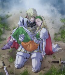 1boy 1girl armor bead_necklace beads blonde_hair cape carrying clenched_teeth commentary_request couple cross-laced_clothes cross-laced_dress dirty dirty_clothes dragon_quest dragon_quest_xi dress earrings eyes_visible_through_hair flat_chest greaves green_dress green_hairband hair_pulled_back hairband hetero highres homeros_(dq11) jewelry juliet_sleeves kneeling knight long_hair long_sleeves looking_at_viewer low_ponytail multicolored_dress necklace on_ground orange_sash ponytail princess_carry puffy_sleeves purple_shoes rain red_cape senya_(dq11) shoes sphere_earrings stud_earrings sword teeth tomygrave two-sided_cape two-sided_fabric unconscious weapon wet white_armor white_cape white_dress