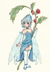 Rule 34 | belt, blue eyes, breasts, choker, disney fairies (movie series), dress, fairy, fairy wings, highres, holding, kuridel, mini person, minigirl, periwinkle (disney), pointy ears, short hair, simple background, smile, snowflakes, thighhighs, white hair, wings
