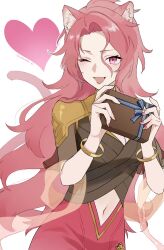 1girl ;d animal_ears black_shirt box bracelet breasts cat_ears cat_girl cat_tail cleavage clothing_cutout cowboy_shot gift gift_box hajimari_no_kioku heart highres holding holding_gift jewelry long_hair looking_at_viewer medium_breasts nail_polish navel_cutout one_eye_closed open_mouth orange_shawl parted_bangs phruity pink_eyes pink_hair pink_lips pink_nails pink_skirt rozu_ki see-through_clothes see-through_shawl shawl shirt short_sleeves shoulder_pads simple_background skirt smile solo tail white_background