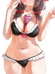 Rule 34 | 1girl, between breasts, bikini, black bikini, bow, breasts, brown hair, closed mouth, collarbone, commentary, english commentary, female pubic hair, frilled bikini, frills, hair bow, hands up, head out of frame, highres, kono subarashii sekai ni shukufuku wo!, large breasts, long hair, monster energy, navel, pubic hair, pubic hair peek, red bow, simple background, sweat, swimsuit, thighs, waligner, white background, yunyun (konosuba)