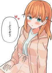1girl :o aqua_eyes blue_shirt blush brown_jacket brown_shorts corrupted_twitter_file cowboy_shot hair_ornament heart highres hinoshita_kaho hinoshita_kaho_(summer_training_wear) hisho_(rythm_hisho) hood hooded_jacket jacket lap_pillow_invitation link!_like!_love_live! long_sleeves looking_at_viewer love_live! open_clothes open_jacket orange_hair parted_lips rabbit_hair_ornament shirt shorts simple_background sitting solo speech_bubble striped_clothes striped_jacket translation_request two_side_up virtual_youtuber white_background