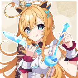 1girl ahoge aqua_eyes blonde_hair blue_eyes breasts chef_hat escoffier_(genshin_impact) genshin_impact hair_ornament hat highres holding holding_knife knife long_hair looking_at_viewer mutumumu orange_hair smile solo soup_ladle tongue tongue_out toque_blanche watermark