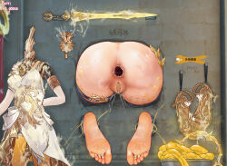 1girl after_anal aglaea_(honkai:_star_rail) anus armlet ass ass_focus barefoot body_writing censored cum cum_in_ass cum_on_body cum_on_feet dress fat_goose feet gaping glory_wall gold highres honkai_(series) jewelry lower_body mosaic_censoring pee peeing pussy sandals shoes soles spread_anus sword through_wall toe_ring toes unworn_sandals unworn_shoes weapon