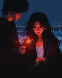 1boy 1girl black_eyes black_hair cityscape collar earrings fireworks hair_over_eyes highres holding holding_fireworks jewelry night original sam_yang shirt short_hair smile sparkler sparkling_eyes upper_body white_shirt