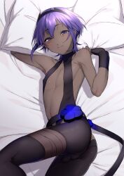 1boy absurdres ass bare_shoulders black_gloves blush bulge covered_erect_nipples dark-skinned_male dark_skin fate/grand_order fate/prototype fate_(series) genderswap genderswap_(ftm) gloves hair_between_eyes hairband half-closed_eyes hassan_of_serenity_(fate) highres leg_up looking_at_viewer lying male_focus omiyacha on_back on_bed pillow purple_eyes purple_hair revealing_clothes shiny_skin short_hair smile trap very_dark_skin
