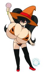 Rule 34 | 1girl, anger vein, artist logo, ashley (warioware), bikini, black hair, black thighhighs, breasts, candy, closed mouth, food, full body, gigantic breasts, hat, highres, holding candy, holding food, holding lollipop, logo, lollipop, long hair, maximum aiden, nintendo, oppai loli, orange hat, pumpkin print, red eyes, red sandals, sandals, simple background, skindentation, solo, swimsuit, thighhighs, twintails, very long hair, warioware, white background, witch hat