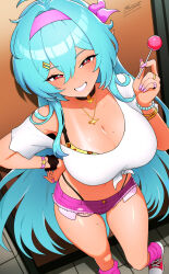 1girl aqua_hair bead_bracelet beads black_choker bra bra_peek bracelet breasts bright_pupils candy choker cleavage commentary crop_top cutoffs double-parted_bangs english_commentary exposed_pocket food front-tie_top genie grin gyaru hair_ornament hairband hairclip half-closed_eyes hand_on_own_hip highleg highleg_panties holding holding_candy holding_food holding_lollipop jewelry large_breasts leg_warmers legs lollipop long_hair looking_at_viewer midriff mole mole_on_breast mole_on_thigh mole_under_eye nail_polish navel necklace original panties panties_under_shorts pendant_choker pink_hairband pink_leg_warmers pink_nails pink_shorts print_bra red_eyes revenantart ring scrunchie shirt shoes short_shorts shorts single_off_shoulder smile sneakers solo tan tanline thighs underwear very_long_hair white_pupils white_shirt wrist_scrunchie wrist_straps zadi_(revenantart)