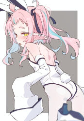 azuma_shino black_ribbon blush fang hair_ribbon high_heels horns leotard long_ears long_sleeves looking_at_viewer looking_back multicolored_hair original pink_hair playboy_bunny pointy_ears rabbit_tail repi_(azuma_shino) ribbon shoes side_ponytail simple_background single_horn two-tone_hair yellow_eyes