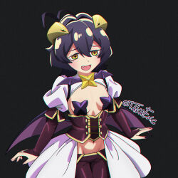 1girl ahoge bat_brooch bat_wings black_background black_hair black_nails breasts bridal_gauntlets corset cross cross-shaped_pupils cross_pasties fang forward-facing_horns highres hiiragi_utena horns low_wings magia_baiser mahou_shoujo_ni_akogarete navel open_mouth pants pasties purple_bridal_gauntlets purple_corset purple_pants showgirl_skirt shrug_(clothing) skirt small_breasts solo srtaka symbol-shaped_pupils white_shrug white_skirt wings yellow_eyes yellow_horns