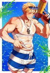 Rule 34 | 1boy, bara, blonde hair, blush, commentary, crazy kinoko, dog tags, eyewear on head, highres, holding, holding water gun, lewis smith, male focus, male swimwear, muscular, muscular male, one eye closed, pectoral cleavage, pectorals, short hair, solo, sunglasses, swim trunks, symbol-only commentary, tank top, water gun, watermark, wet, wet clothes, yuuki bakuhatsu bang bravern