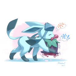 absurdres cherrim cherrim_(overcast) closed_eyes commentary_request from_side gen_4_pokemon glaceon highres hoishere7 mouth_hold nintendo no_humans pokemon pokemon_(creature) pokemon_focus speech_bubble standing trembling twitter_username