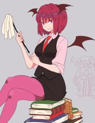 2girls ^^^ alternate_hair_length alternate_hairstyle bat_wings blush book book_stack chibi chibi_inset colored_eyelashes crossed_legs gohei haraegushi hat head_wings jean_(jean_sp) koakuma long_hair looking_at_viewer mob_cap multiple_girls necktie oonusa open_mouth pantyhose patchouli_knowledge pencil_skirt red_eyes red_hair red_legwear red_necktie short_hair simple_background sitting skirt smile touhou v-shaped_eyebrows vest wings
