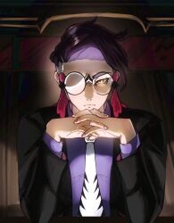 1boy black_jacket closed_mouth collared_shirt commentary corbeau_(pokemon) frown gendou_pose hands_clasped highres inky_heart jacket layered_sleeves long_sleeves looking_at_viewer male_focus meme necktie neon_genesis_evangelion nintendo open_clothes open_jacket own_hands_together pokemon pokemon_legends:_z-a purple_hair purple_shirt sanpaku shirt short_hair sitting solo suit_jacket tassel upper_body wing_collar yellow_eyes