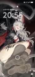 1girl animal_ears arknights blue_eyes blush feet hao_guangze_yu highres lappland_(arknights) licking_lips long_hair looking_at_viewer socks soles toes tongue tongue_out white_hair
