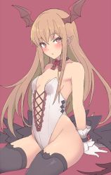 1girl :o bad_id bad_pixiv_id bare_shoulders black_thighhighs blonde_hair blush bow bowtie breasts center_opening commentary_request cross-laced_clothes demon_girl female_focus flower frills gloves head_wings highleg highleg_leotard leotard long_hair looking_at_viewer mobu navel parted_lips pink_eyes pointy_ears red_bow red_bowtie red_flower red_rose red_wings rose shingeki_no_bahamut sidelocks small_breasts solo strapless strapless_leotard thighhighs vampy very_long_hair white_gloves white_leotard wings