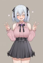 1girl alternate_costume alternate_hairstyle bang_dream! black_bow bow closed_eyes december_fool double_v highres kurata_mashiro open_mouth smile twintails v