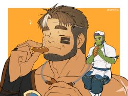 2boys absurdres another_eidos-r blush bread closed_mouth commentary_request eating facial_scar fang fang_out flet_(another_eidos) food giant highres holding holding_food hrio_(orenoaluze) jewelry looking_at_food male_focus multicolored_hair multiple_boys muscular muscular_male musical_note necklace orc pointy_ears scar scar_on_cheek scar_on_face sitting_on_shoulder size_difference sol_(another_eidos) spoken_musical_note streaked_hair