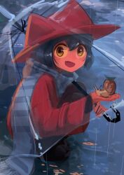 1other :d absurdres alternate_costume androgynous animal animal_hat black_boots blue_hair blue_scarf boots brown_coat brown_eyes brown_hat cat_hat child coat colored_sclera commentary contemporary dot_nose english_commentary fang from_side full_body gradient_eyes hat highres holding holding_animal holding_umbrella leaf long_sleeves looking_at_viewer making-of_available medium_hair multicolored_eyes niko_(oneshot) oneshot_(game) open_mouth open_umbrella rain scarf shadches72 skin_fang smile snail solo squatting transparent transparent_umbrella umbrella yellow_eyes yellow_sclera