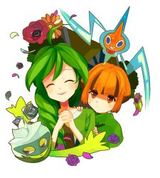 Rule 34 | 00s, 2girls, bad id, bad pixiv id, cheryl (pokemon), chocolate, closed eyes, flower, gardenia (pokemon), gen 4 pokemon, green hair, grey flower, grey rose, gym leader, hair over shoulder, multiple girls, nintendo, orange eyes, orange hair, petals, pokemon, pokemon (creature), pokemon dppt, rose, roserade, rotom, rotom (normal), smile, ucchii, utchyniku